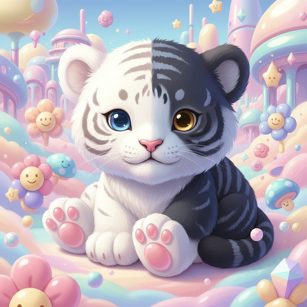 Albino Melanistic Tiger Cub in Dreamy Pastel Style
