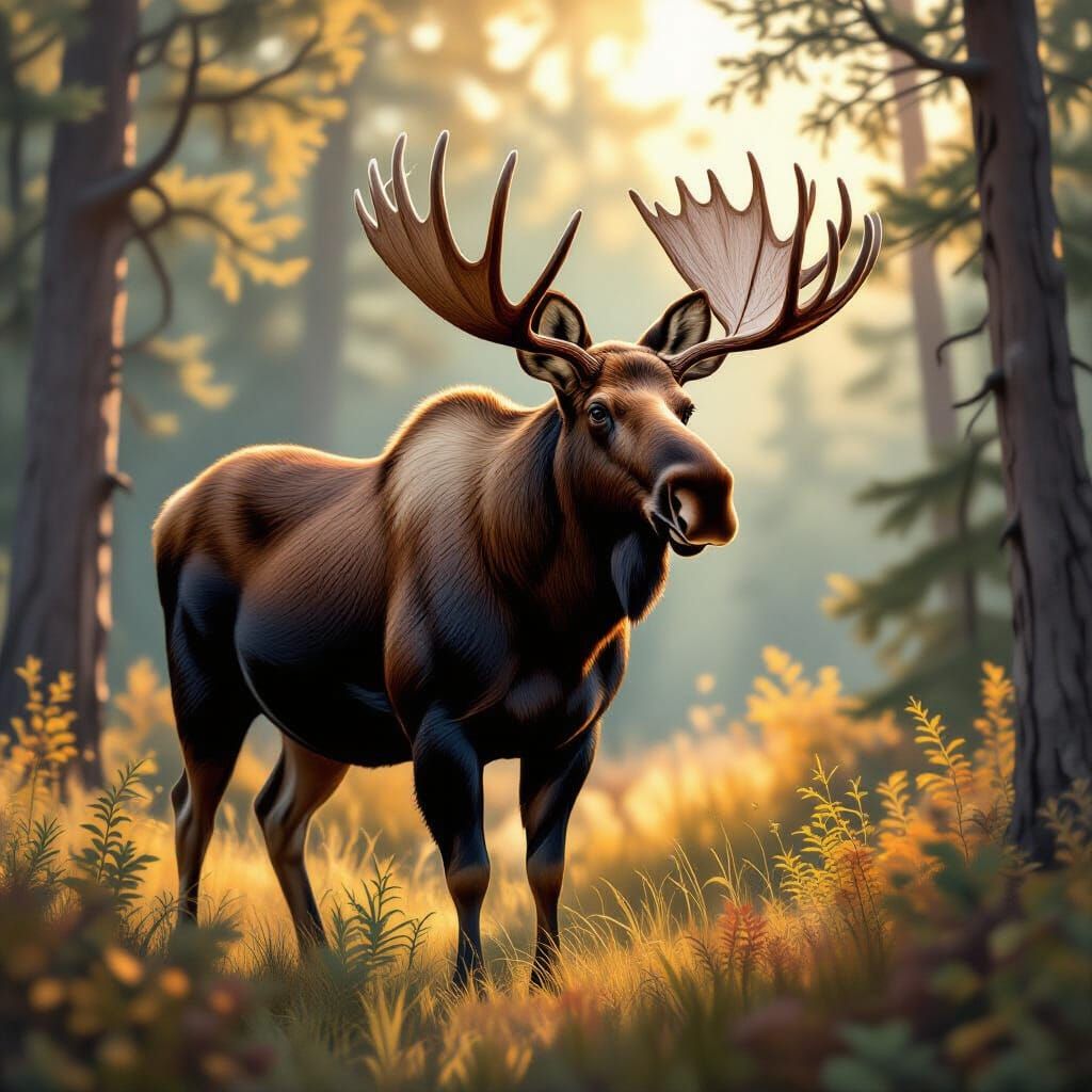 Chocolate Moose in Forest, Graphic Novel Illustration