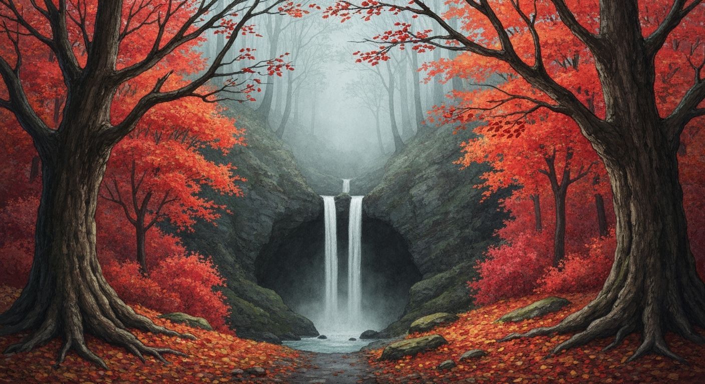 Misty Autumn Forest Waterfall in Watercolor Style