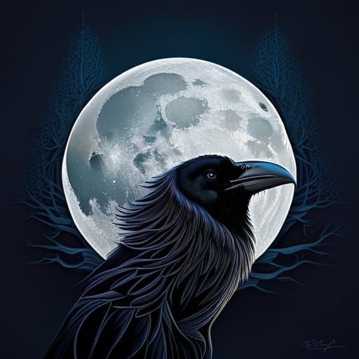 Raven and Moon on Cloudy Night