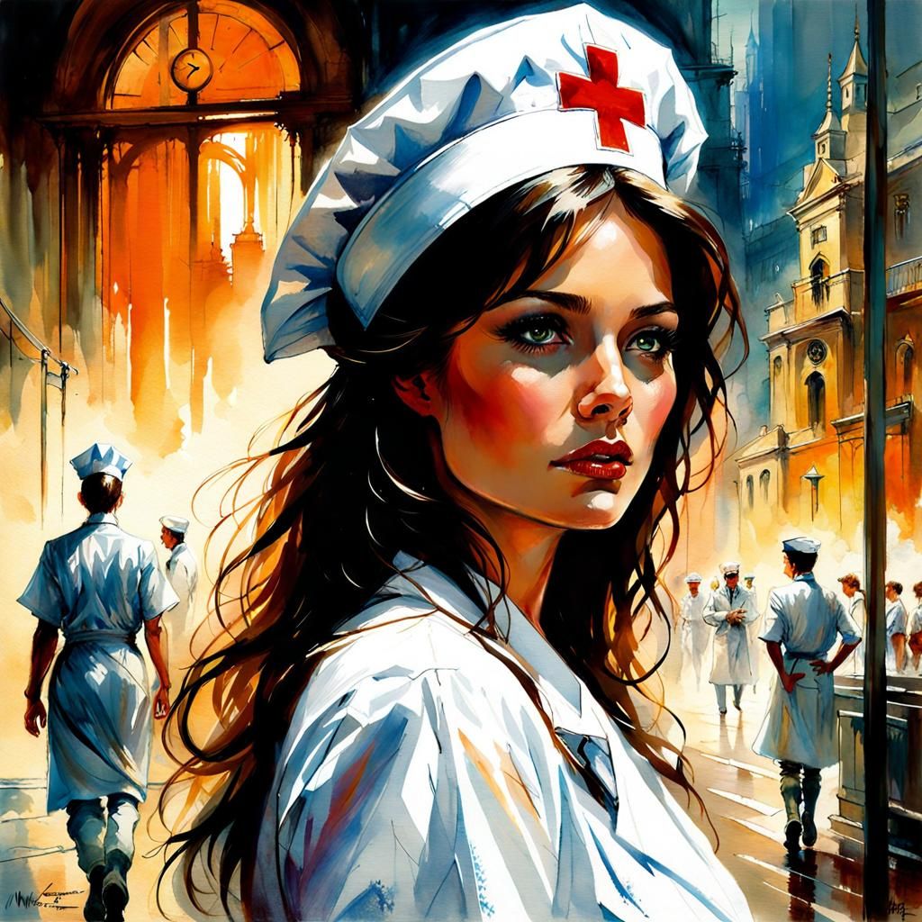 Nurse in Hospital Ward: Timescape Digital Watercolor