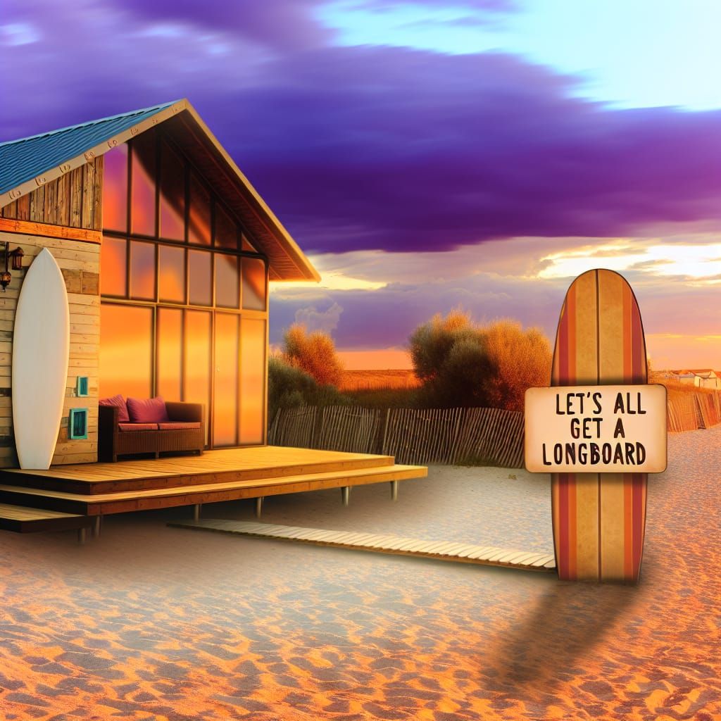 Beach House at Sunset with Longboard Sign