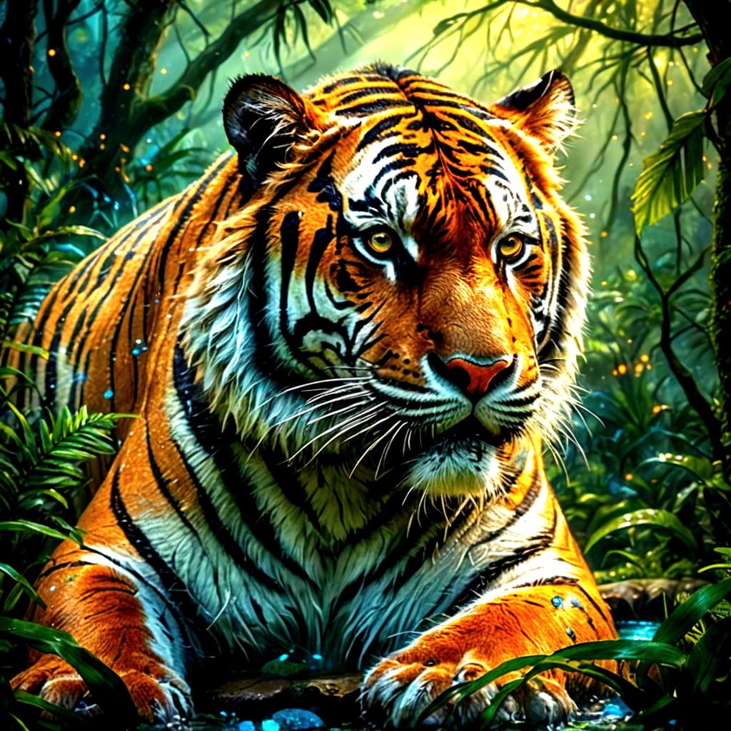 Bioluminescent Tiger in Magical Jungle, Hyperrealistic