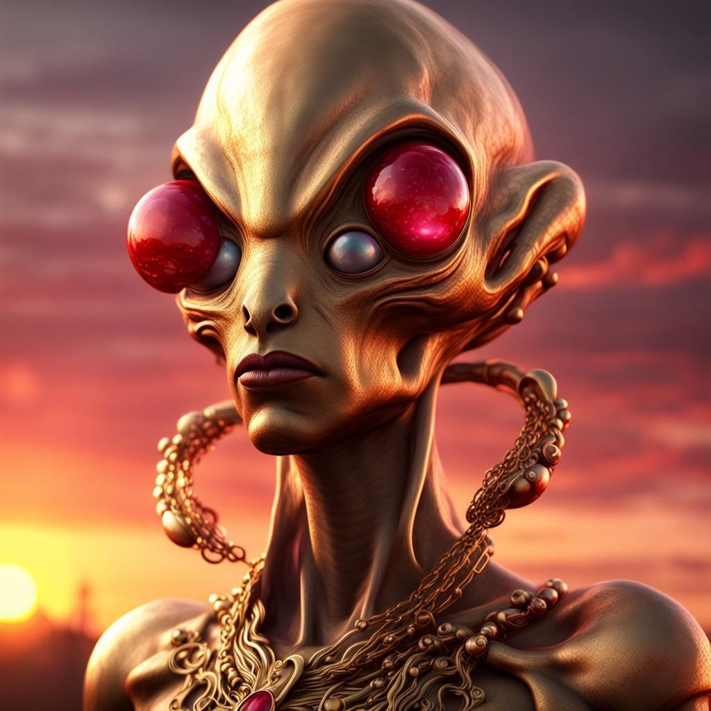 Golden Alien Portrait with Ruby Jewelry