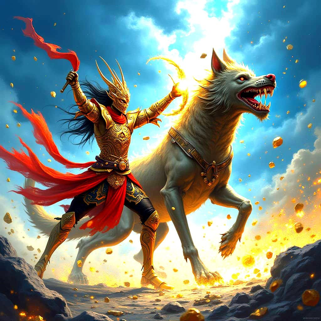 Futuristic Nezha Battles Dog Prince Amidst Golden Storm