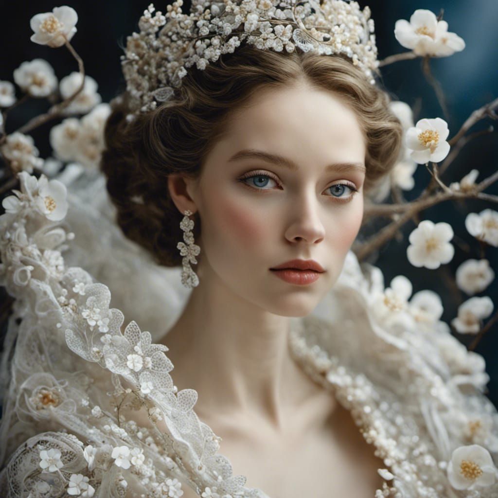 Pale Woman in Delicate Lace Robe with Satin Blossoms