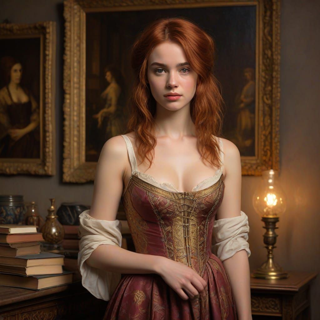 Romantic Oil Painting of a Fit Young Woman in a Dimly Lit Li...