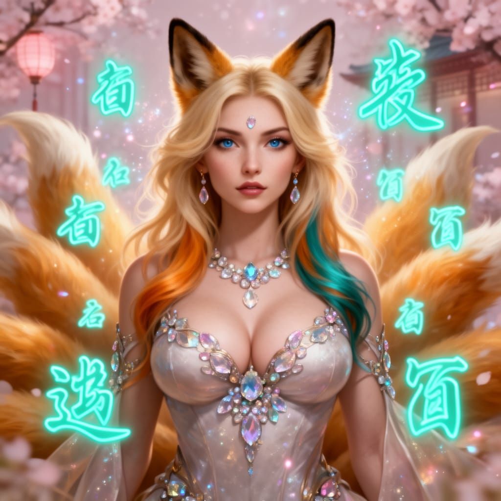 Nine-Tailed Kitsune Goddess Portrait in Photorealistic Style