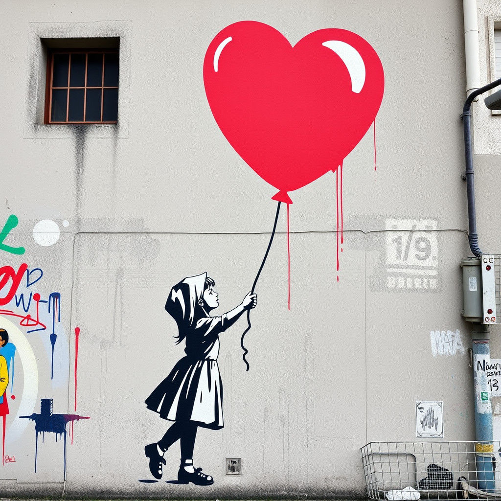 Banksy-Style Street Art: Girl with Red Balloon