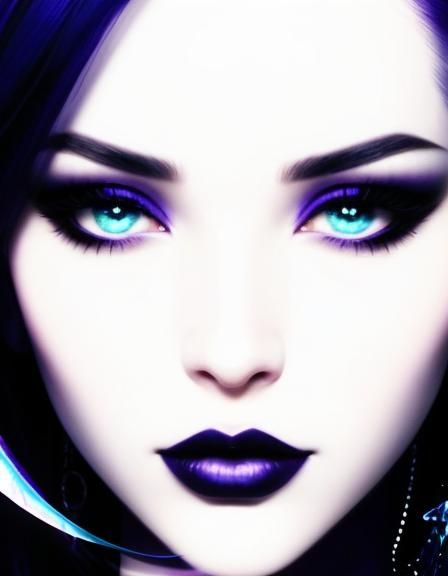 Ethereal beauty with dark purple hair and blue eyes with dark purple eyeshadow with purple eyeliner and purple lipstick&...