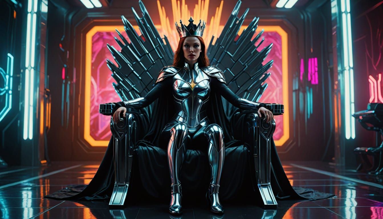 Chrome Superheroine Poses in Futuristic Throne Room