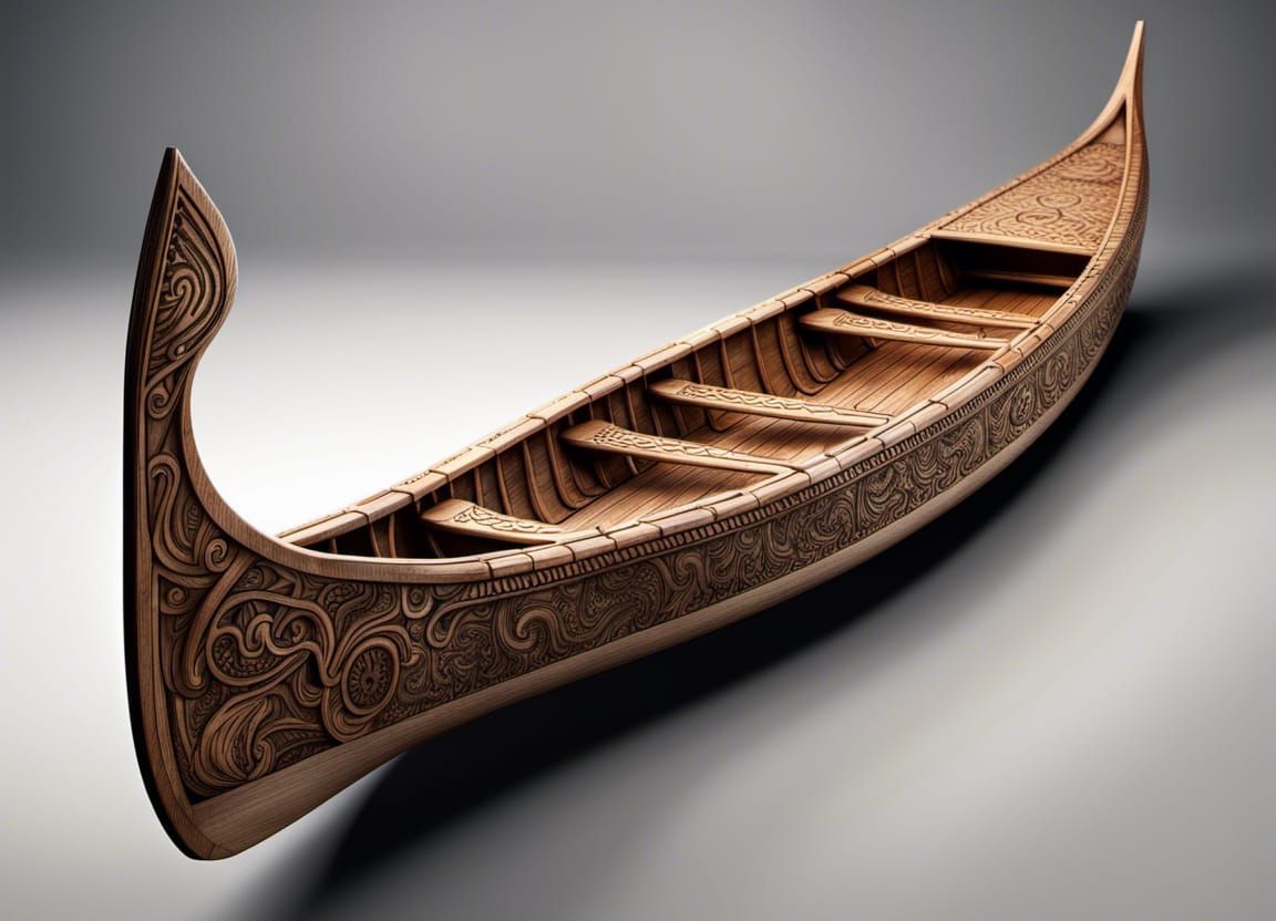 Intricately Carved Viking Canoe on River