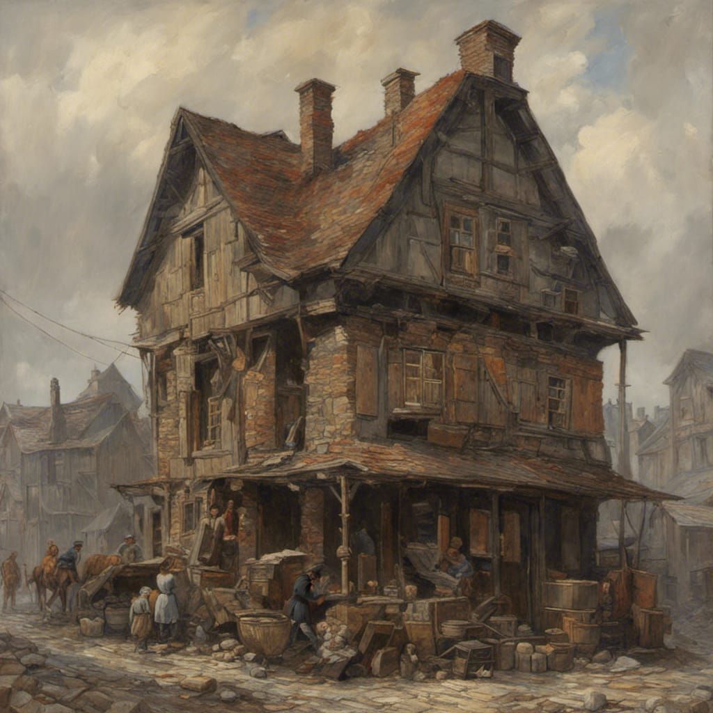 Belgian Miners' Dwellings: Early 1900s Oil Painting