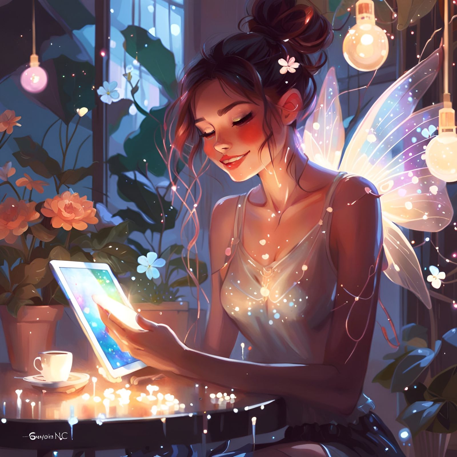 Fairy on Balcony with IPad, Digital Illustration
