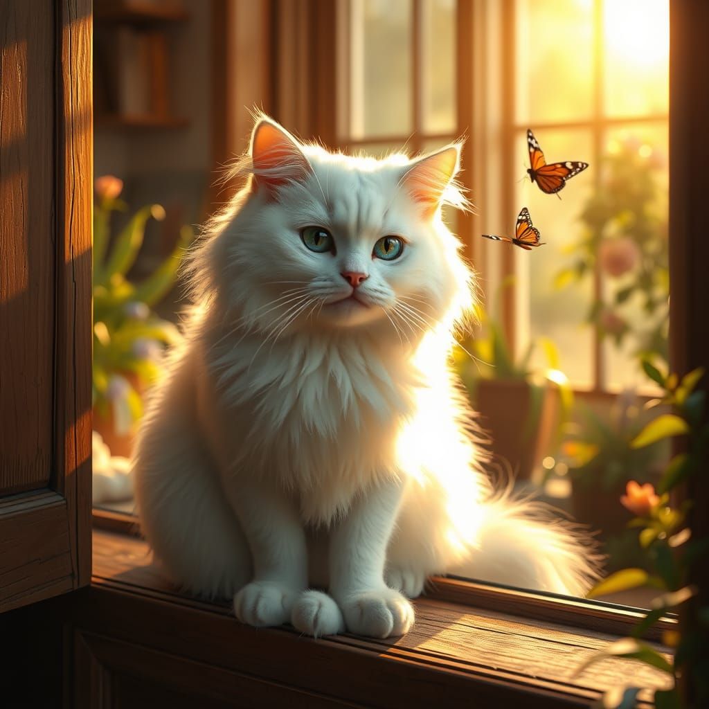 Whimsical White Cat Basks in Golden Light
