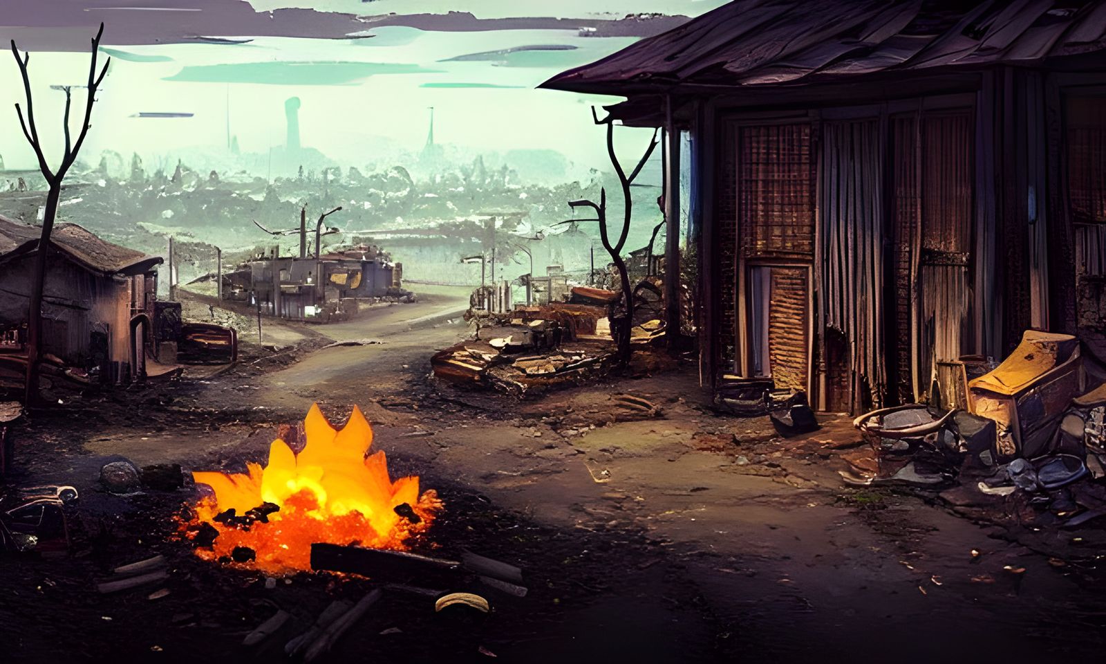 Post-Apocalyptic Bonfire in a Surreal Landscape