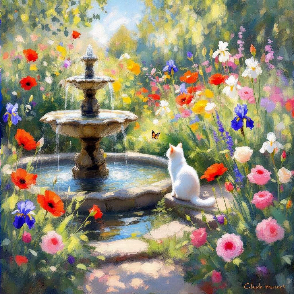 Impressionistic Garden Scene: White Cat and Butterfly