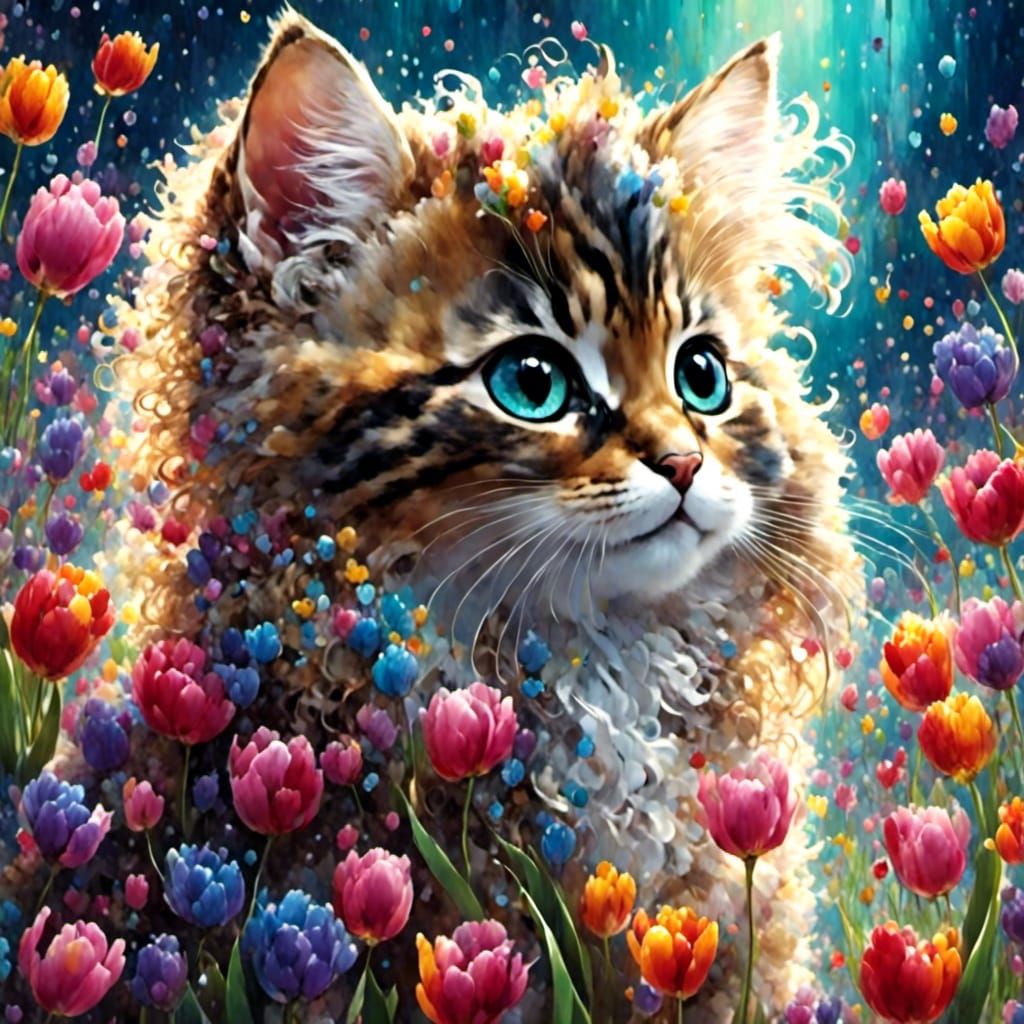 Tabby Kitten Smelling Tulips with Feathered Ears