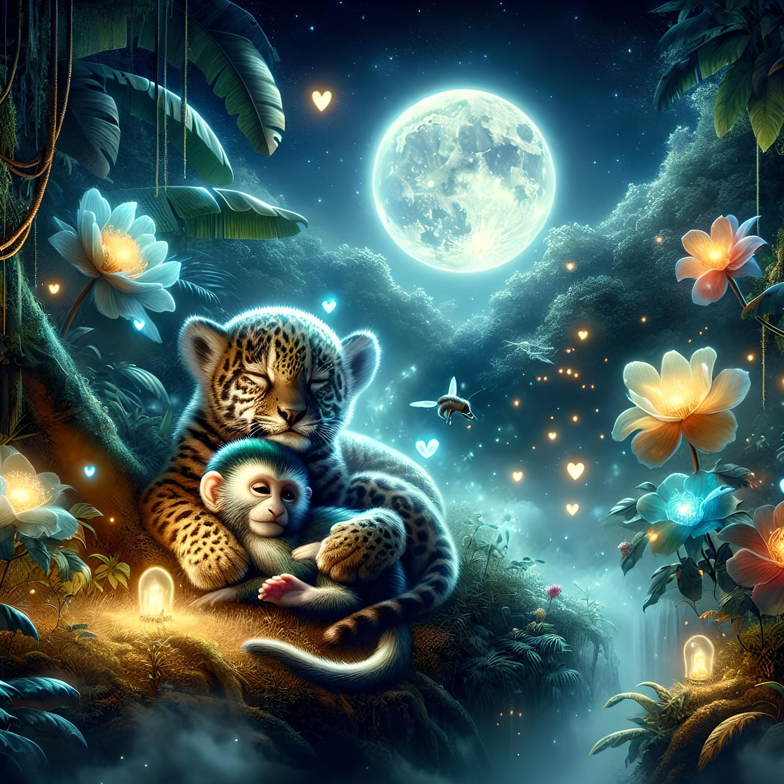 Sleeping Jaguar Cub and Monkey in Mystical Rainforest