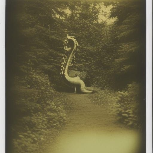 Dragon in Woodland: Retro Polaroid Photograph