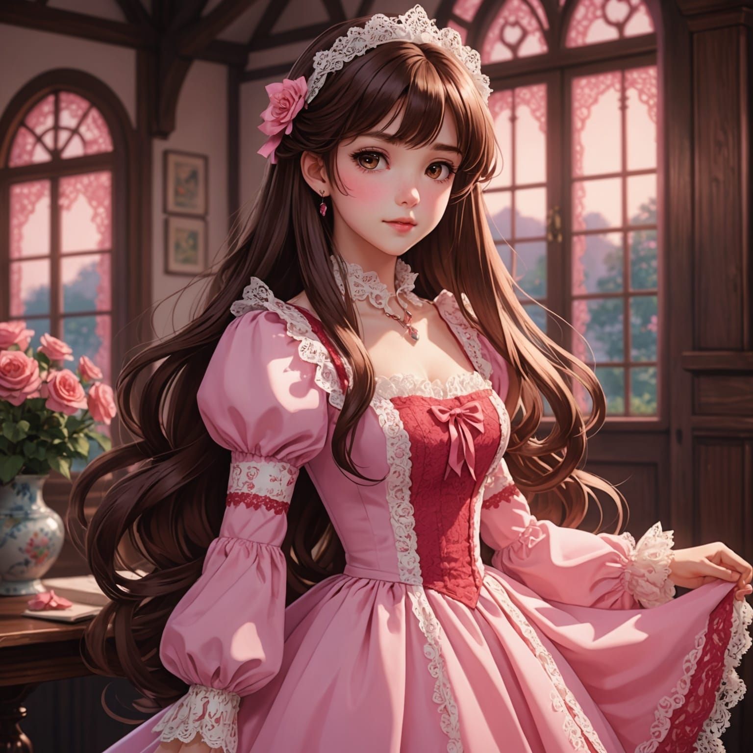 Girl in Pink Dress, Anime Style