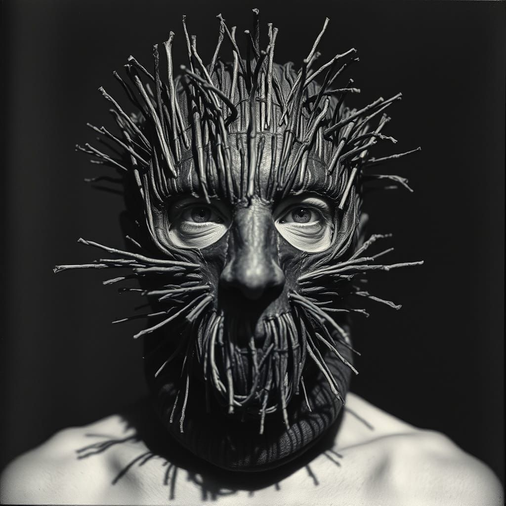 Eerie Stick Gimp Mask: Photogravure in Dramatic Lighting