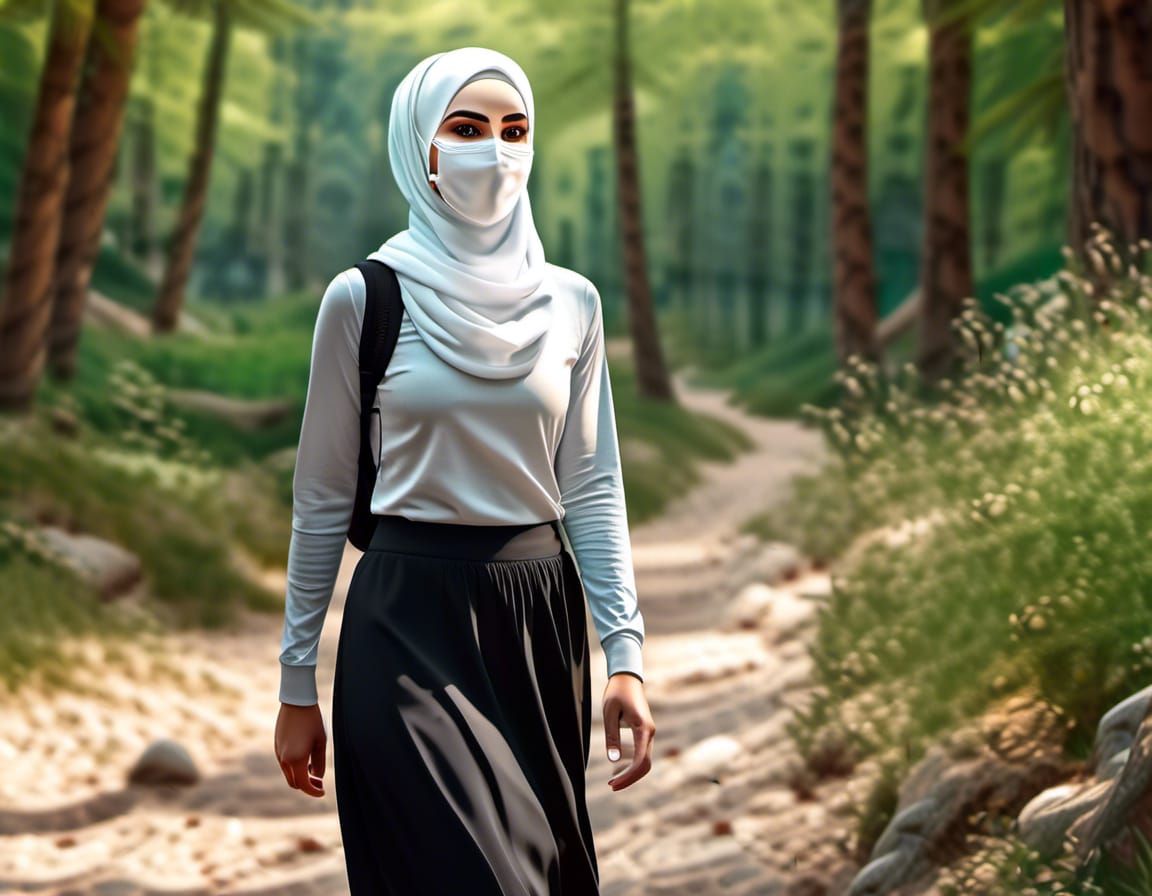 European Muslim Woman Hiking in Park, Digital Art