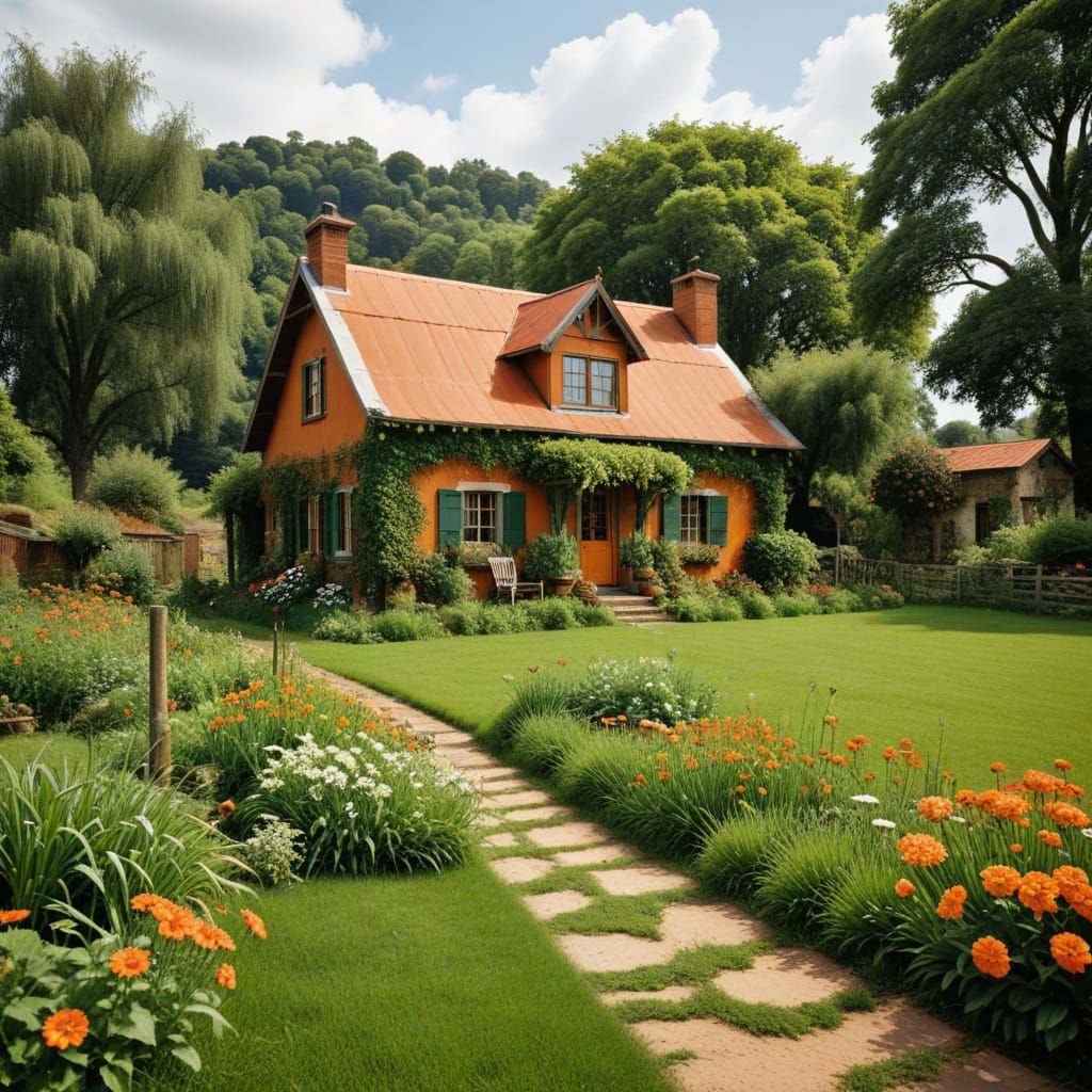 Idyllic Brown Farmhouse Scene in Vibrant Hues