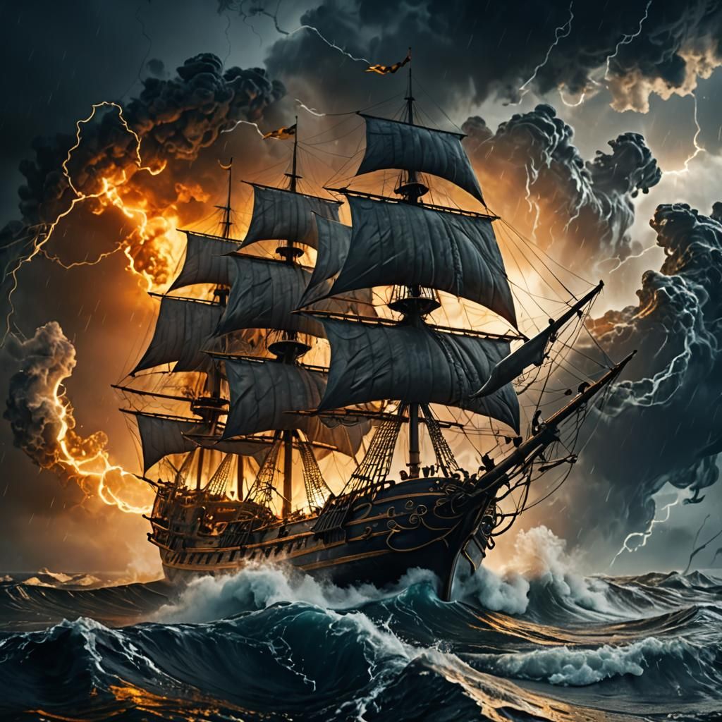 Pirate Ship Navigates Whirlpool in Hurricane