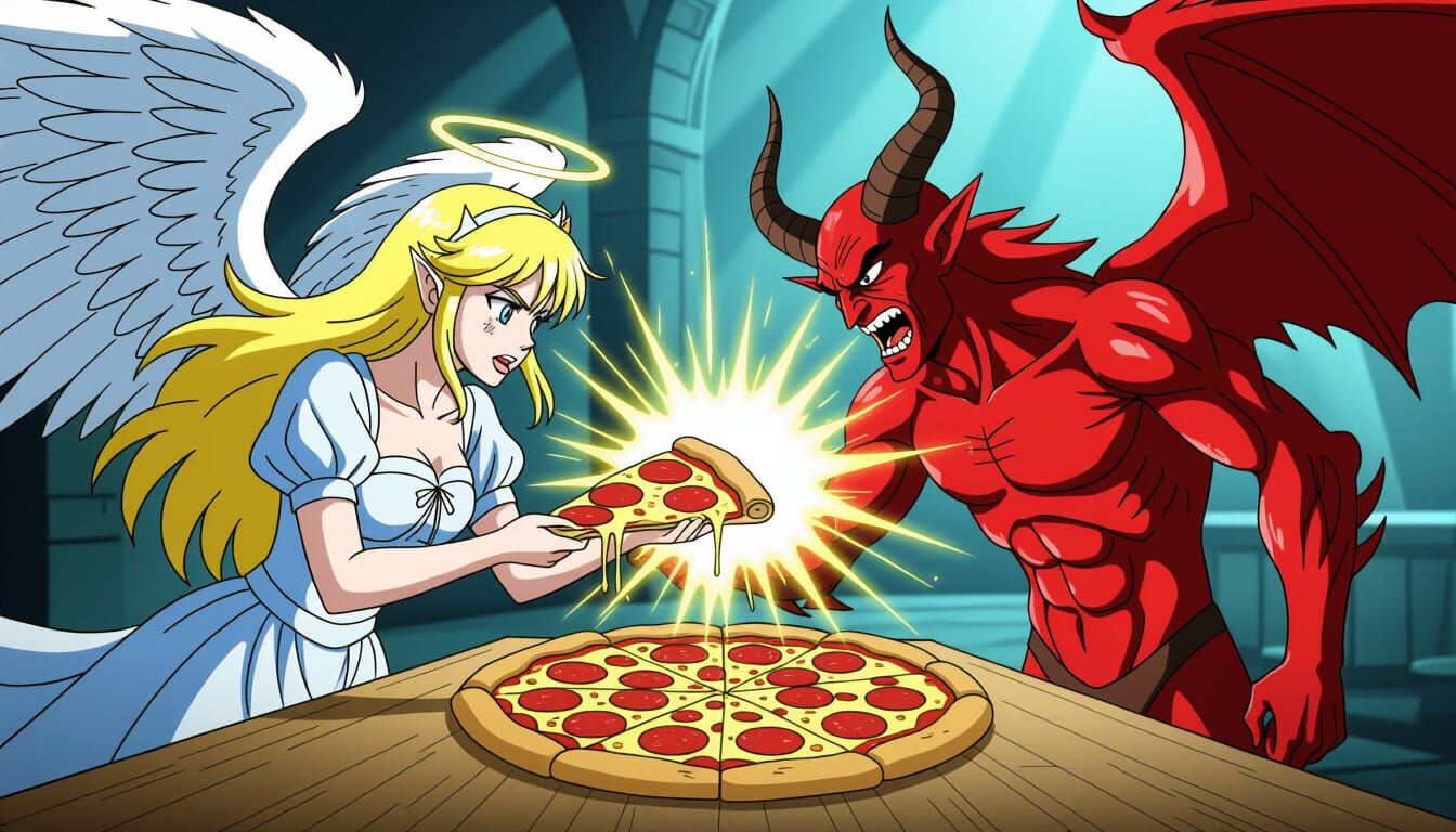 Angels Demons Fight for Pizza in Manga Cinematic Scene
