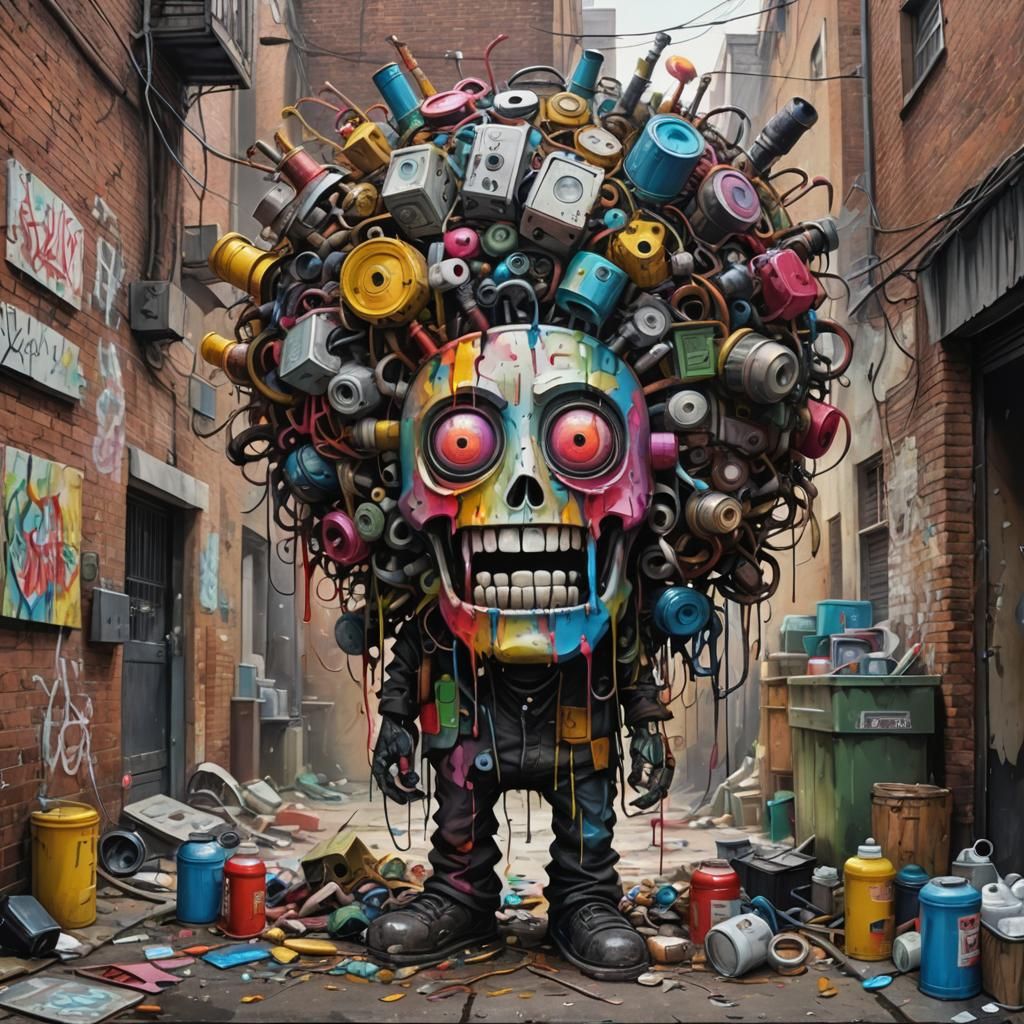 Junk Character in Alley: Surreal Core Digital Art