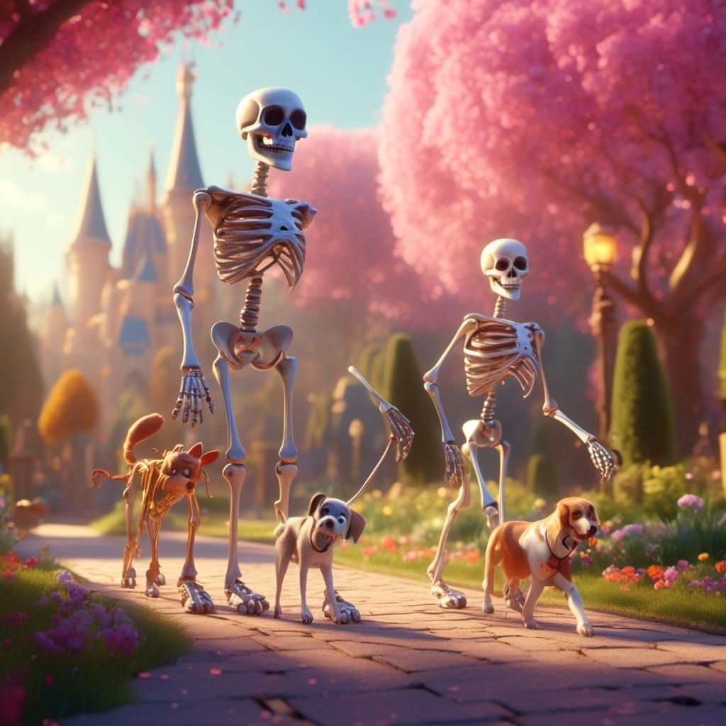 Skeletons Walking Dogs in Park: Pixar-Style 3D Art