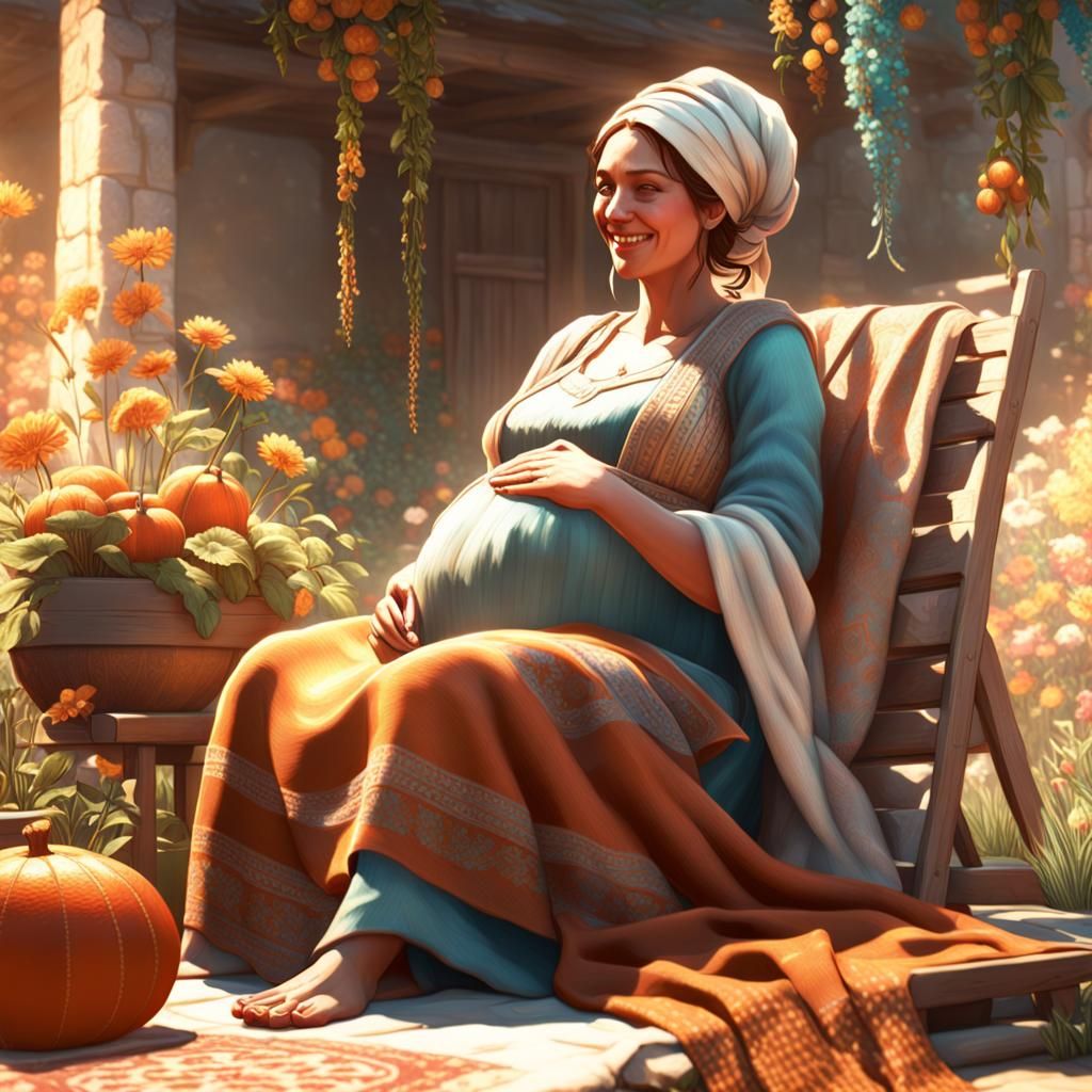 Joyful Pregnant Woman Knitting in Garden, Art Nouveau Style