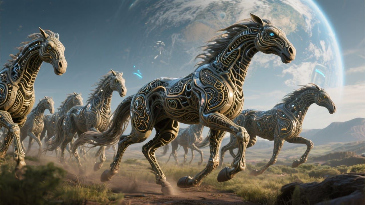 Sci-Fi Alien Horses in Earthlike Landscape