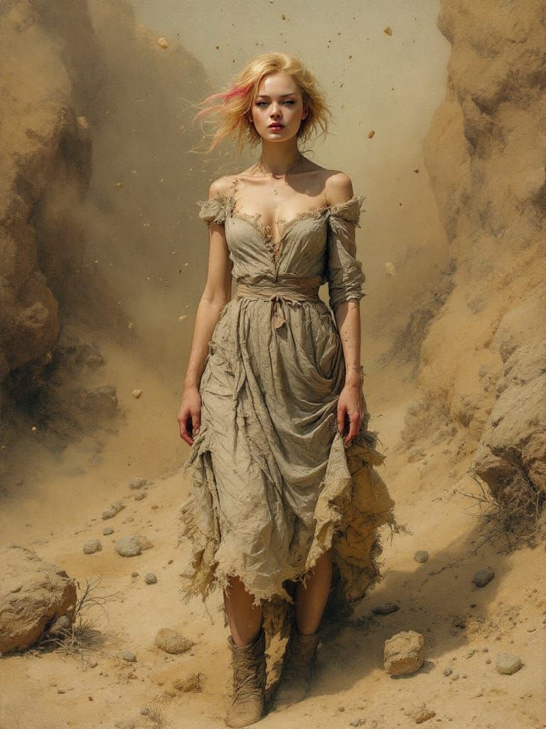 Pin-Up Woman in Dusty Frontier Landscape, Andrew Wyeth Style