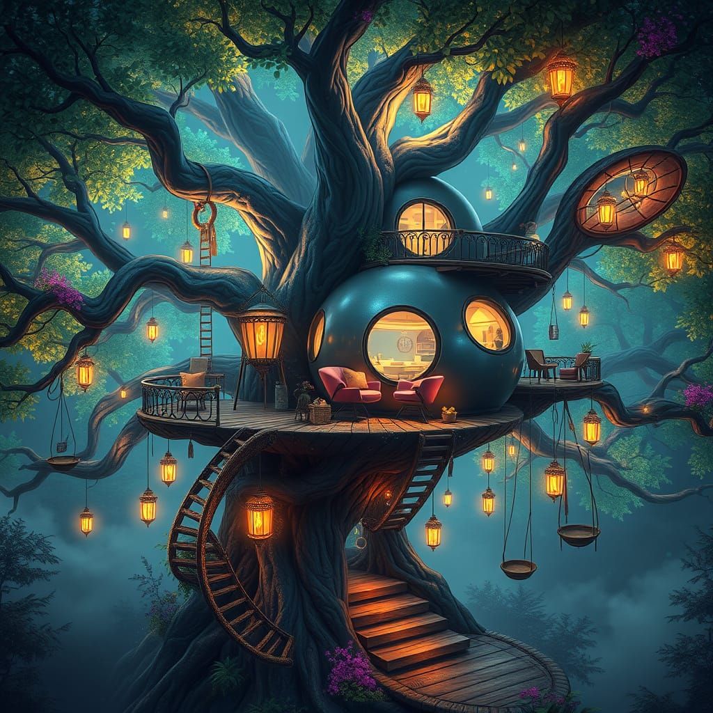 Whimsical Treehouse Village in a Dreamlike Landscape