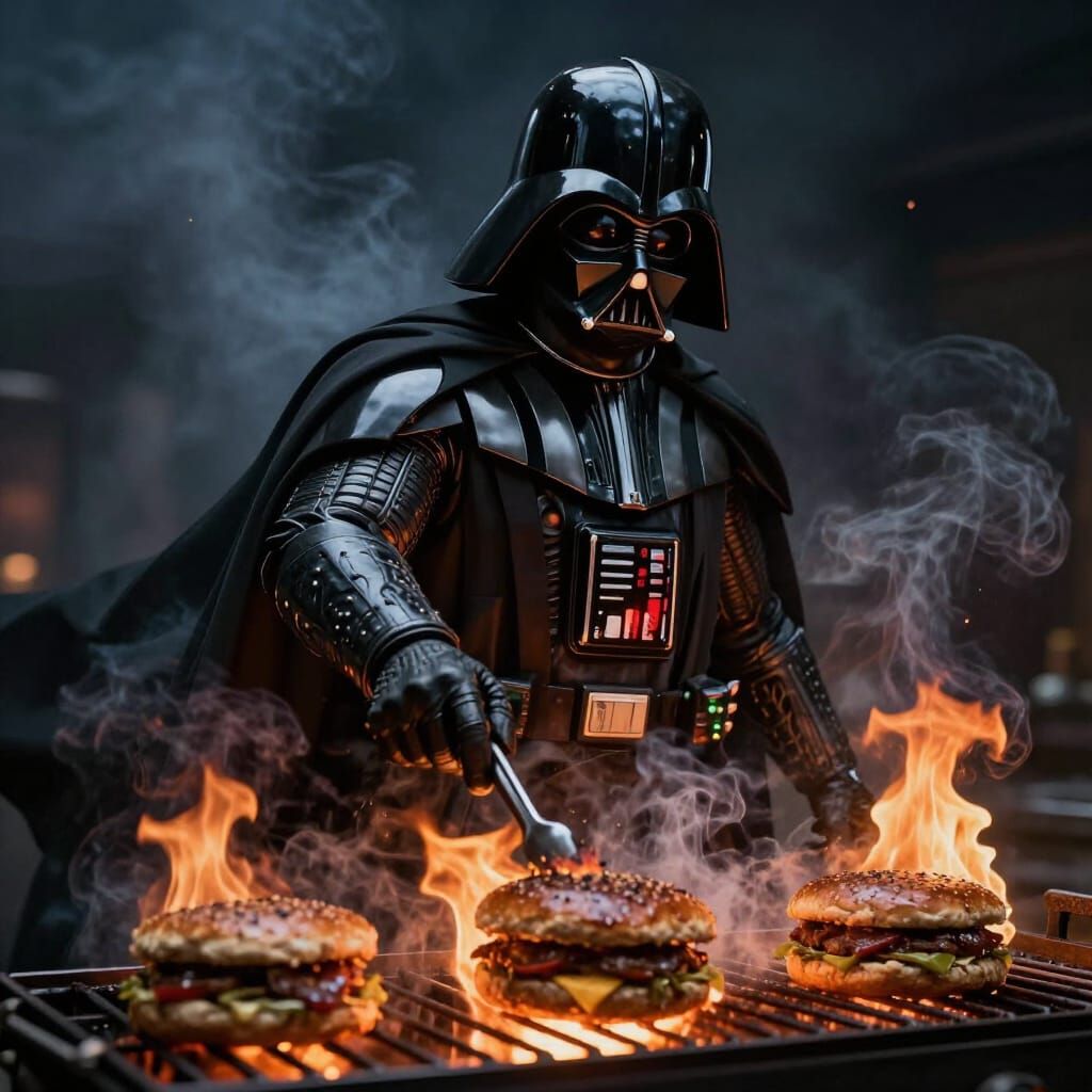 Darth Vader Grilling Burgers in Dramatic Lighting