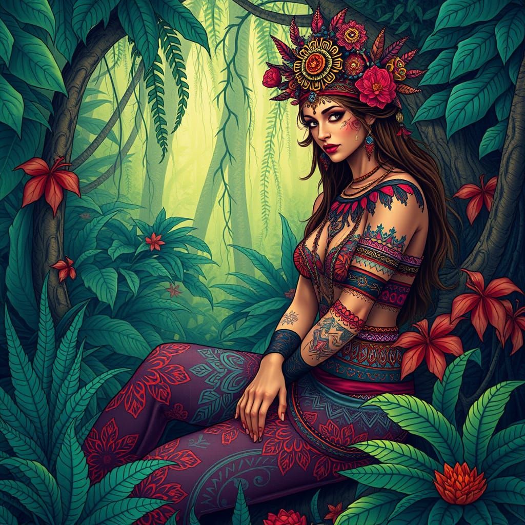 Mysterious Woman in Mystical Forest, Digital Art