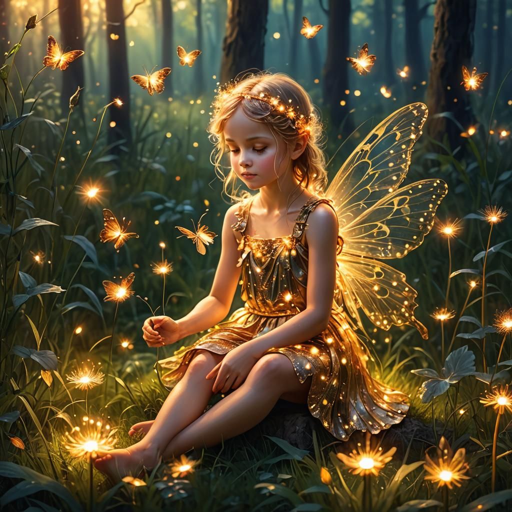 Fairy in Magical Forest with Fireflies and Crystals