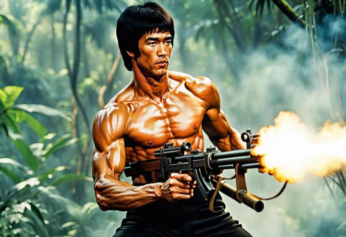 Hyperrealistic Bruce Lee Rambo Firing Machine Gun