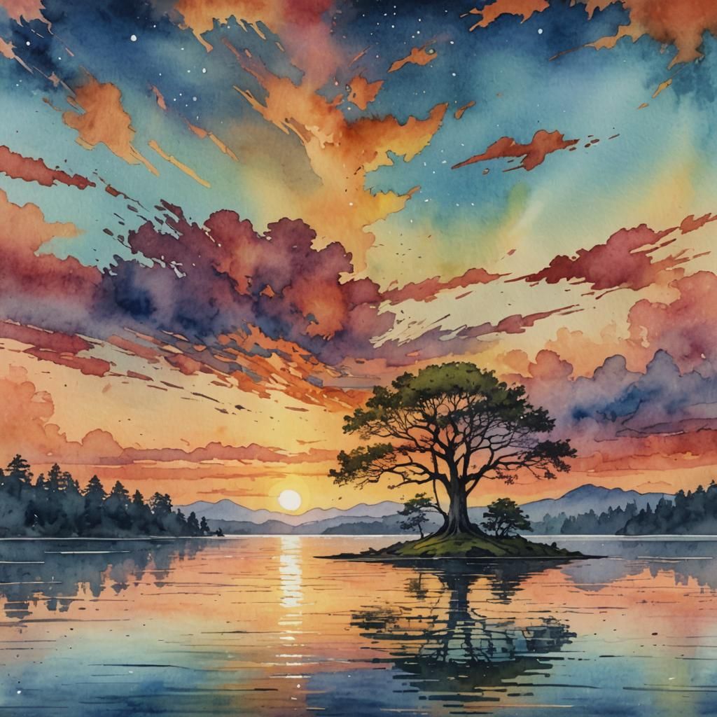 Single Tree Island Sunset: Watercolor on Wood