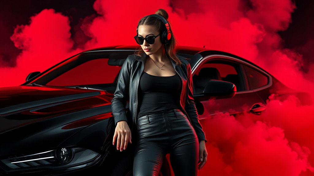 Stylish Woman in Red Smoke: Photorealistic Automotive Scene