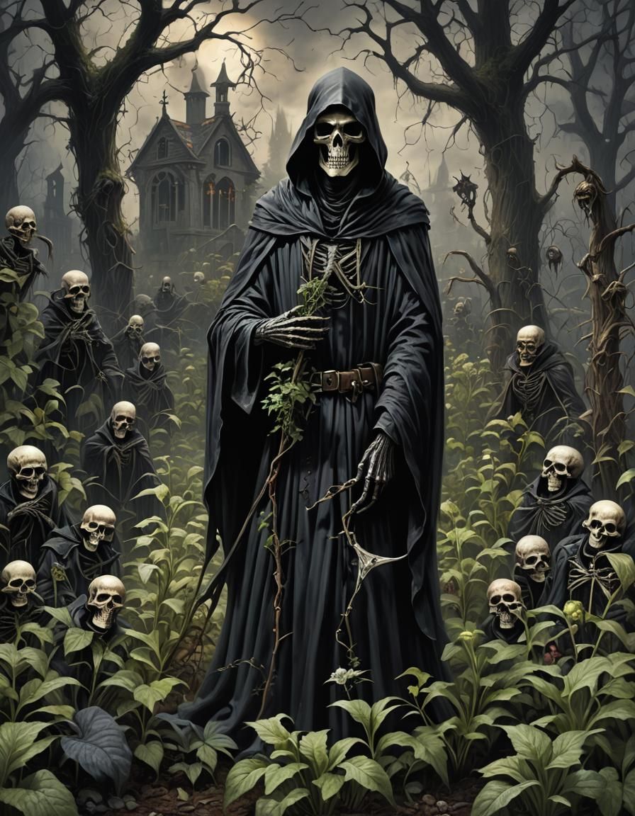 Grim Reaper in Gothic Poison Garden, Dark Fantasy