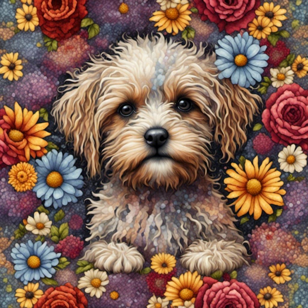 Puppies in Flowers Tapestry