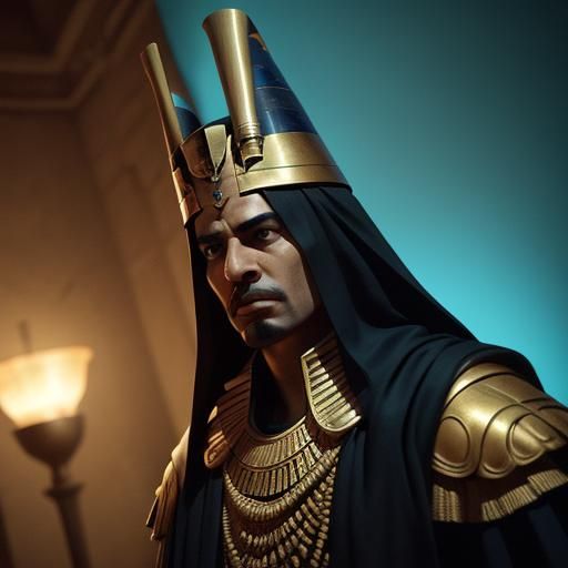 Pharaoh Khufu in Ornate Chamber: Cinematic Film Still