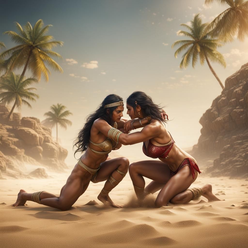 Indian Women Wrestling on Beach, Fantasy Concept Art