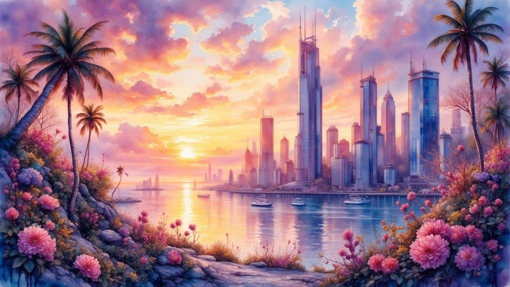 Ethereal Coastal Metropolis at Sunset