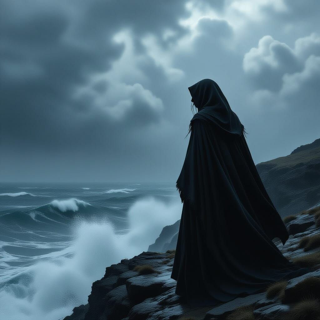 Witch on Cliff Overlooking Stormy Sea in Dramatic Realism St...