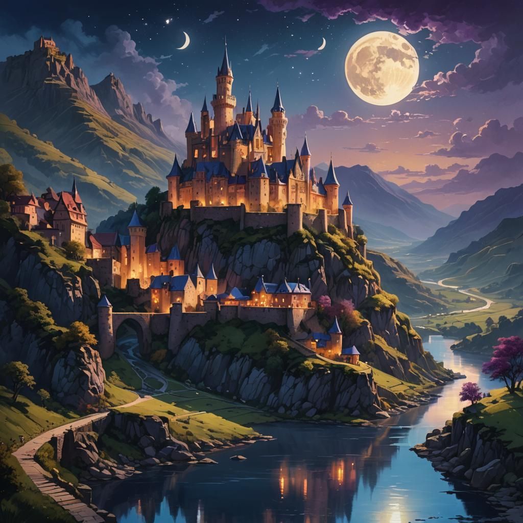 Moonlit Castle Overlooks Village: Hyperrealistic Concept Art