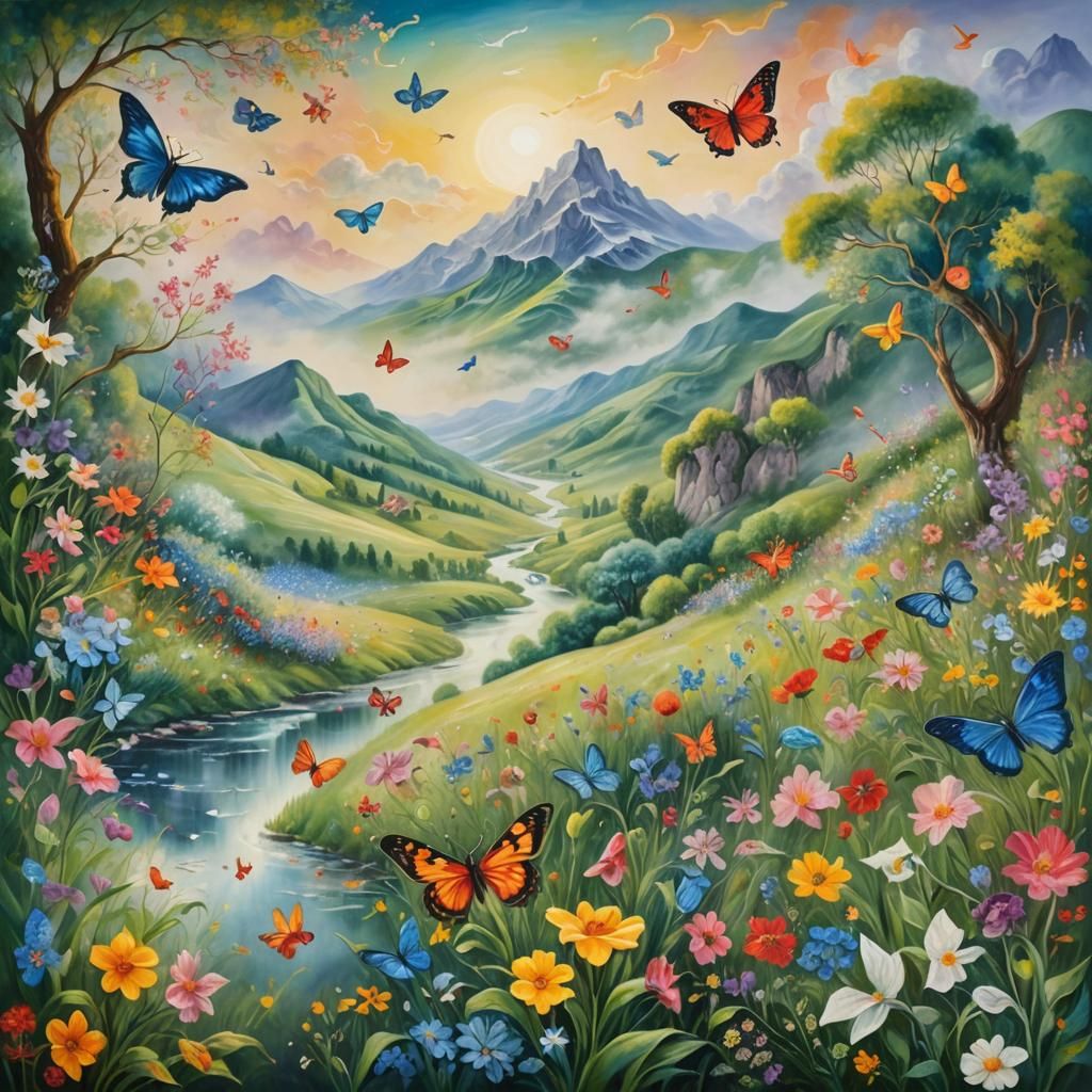 Surreal Wildflower Landscape with Birds, in Oil Painting Sty...